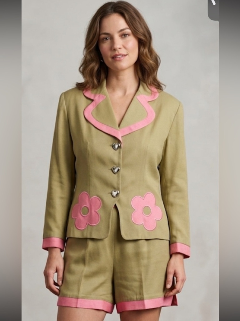 Sue Wong Green and pink Blazer with Floral Appliqués w/matching shorts  Vintage